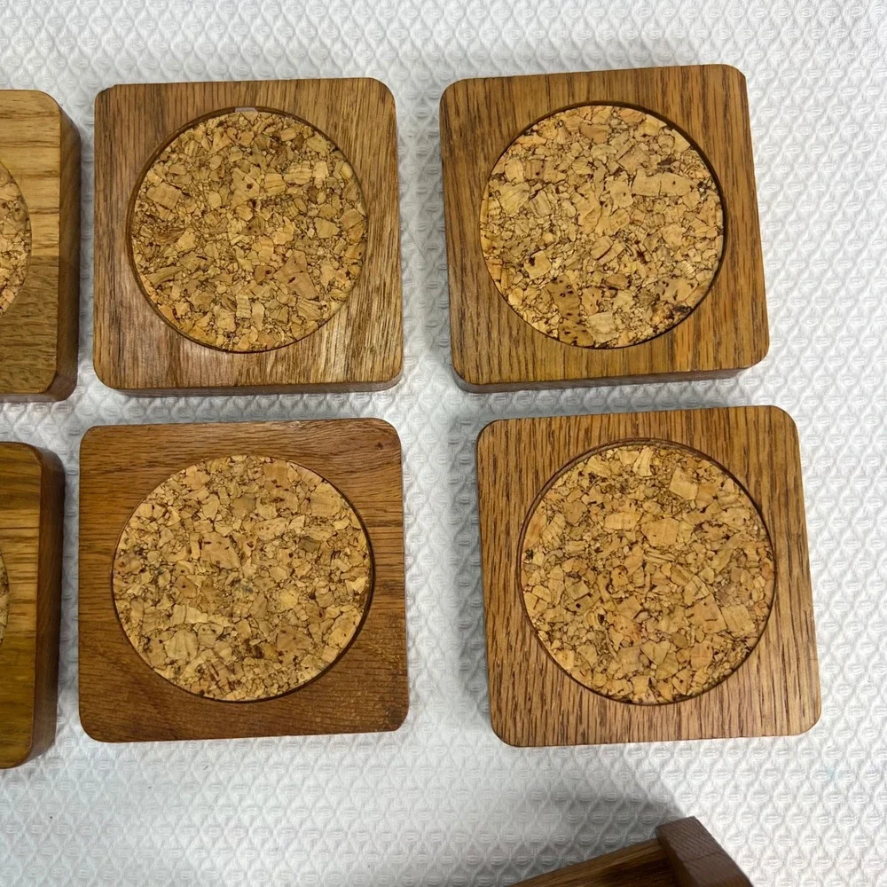 Vintage Mid Century Modern Oak Wood and Cork Coaster Set of 6 with‎ Caddy Holder